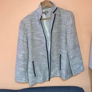 Anne Klein Gray Tweed Open-Front Blazer with Navy Trim